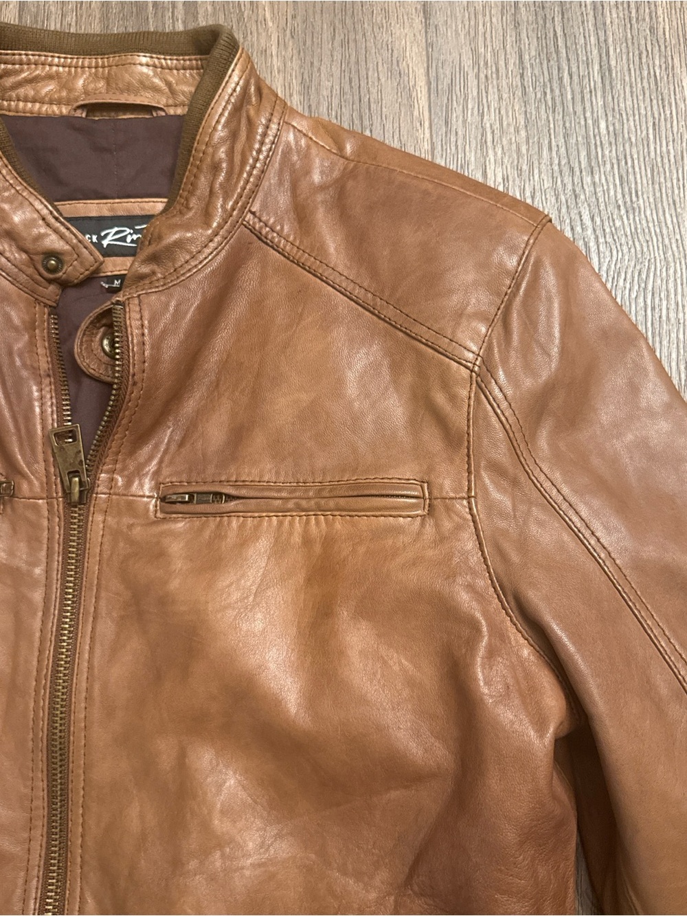 Black Rivet: Cognac Cafe Racer-Style Leather Jacket medium - Picture 4 of 7